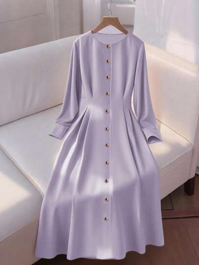 Franclia Button Decorated Pleated Dress For Women, Autumn/Winter