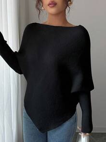 Elenzga Women's Asymmetrical Shoulder Batwing Sleeve Casual Elegant Knit Sweater Top, Versatile For Vacation & Holidays, Spring/Autumn/Winter - Black - View 4