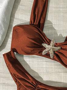 Swim Chiccia Women's Solid Color Thick Strap Metal Decor Holiday Swimwear Set - Brown - View 5