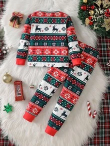 SHEIN Young Boy Minimalist Christmas Festive Pattern Long Sleeve Snug Fit Top And Pants Pajama Setsnug Fit" Kids Christmas Pajama Family Christmas Pajamas Fall Winter - Multicolor - View 6