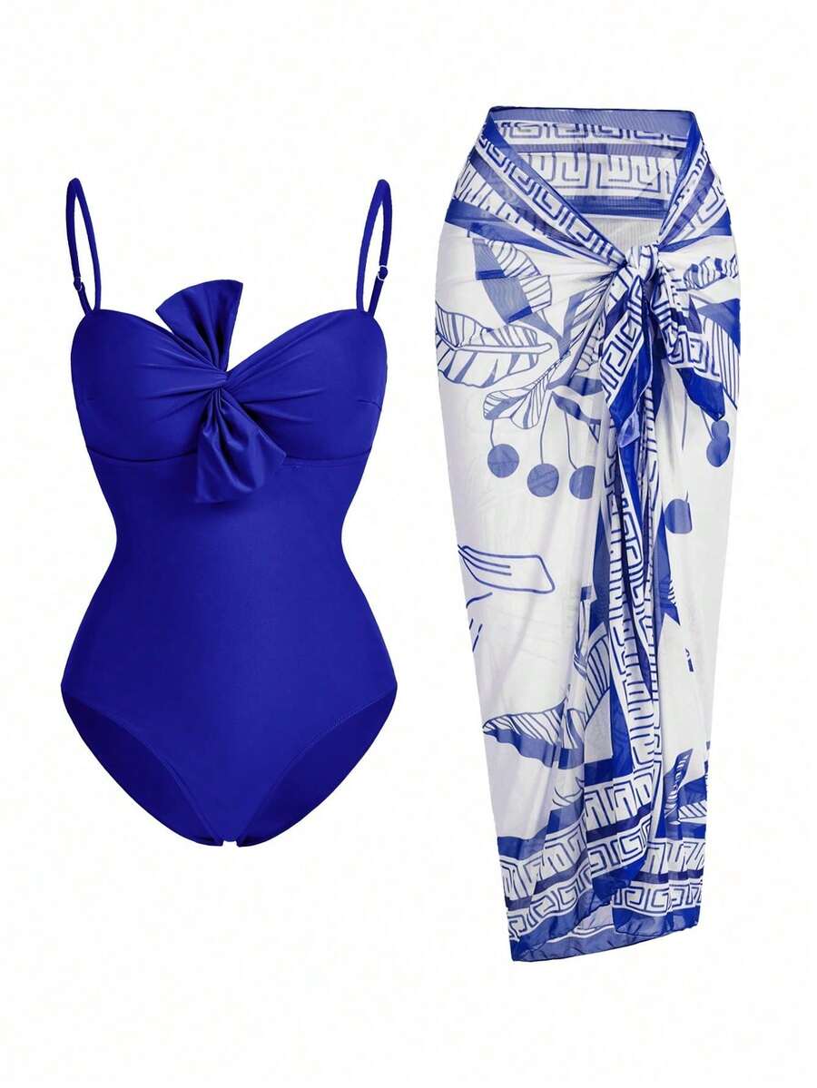 Swim Oasis 女士细肩带连体泳衣和热带印花罩裙、沙滩装 - 寶藍色 - 查看 1
