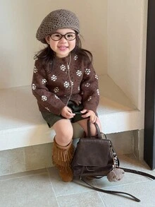 DAZY Cardigan Longgar Gaya Korea Motif Bunga Blok Warna untuk Balita Perempuan, Musim Gugur/Dingin - Coffee Brown - View 4