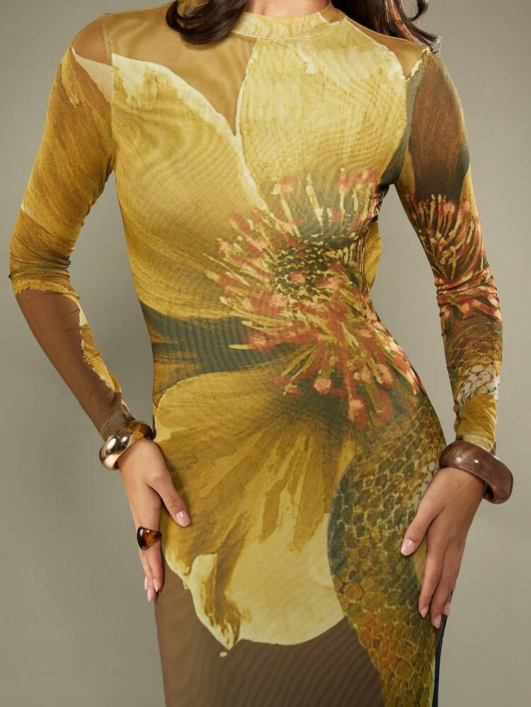 MISSGUIDED Luksusowa, siateczkowa sukienka maxi z długim rękawem i wysokim dekoltem, z nadrukiem węża, z odkrytymi plecami, wieczorowa, do kostek, dopasowana, na specjalne okazje, jesienno-zimowa