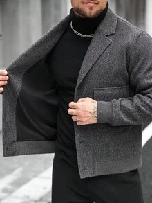 Manfinity CasualCool Cappotto casual invernale da uomo in lana, monocolore, con spalle regolari, maniche lunghe, bottoni davanti e lunghezza corta - Grigio Scuro - Visualizzare 6