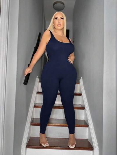 SHEIN SXY 大码女式纯色海军蓝休闲连体裤