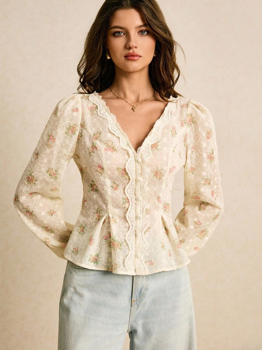 Poéselle Elegant Commuter Woven Embroidered Floral Lace Trim Long Sleeve Blouse - Pink - View 1