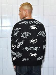 ROMWE MEN Paul Frank X ROMWE Men Cartoon Pattern Crew Neck Long Sleeve Sweater , Fall Winter - Black - View 3
