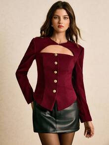 Poéselle 女士红色镂空羊毛大衣，配金属纽扣，适合派对、圣诞节、新年、感恩节等场合，秋冬季保暖舒适，日常穿着、外出、通勤皆宜。 - 酒紅色 - 查看 6