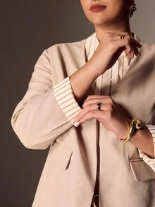 EMERY ROSE 大码女式休闲条纹拼布西装外套，适合通勤、街头风格、简约时尚、万圣节、日常穿着 - 卡其色 - 查看 3