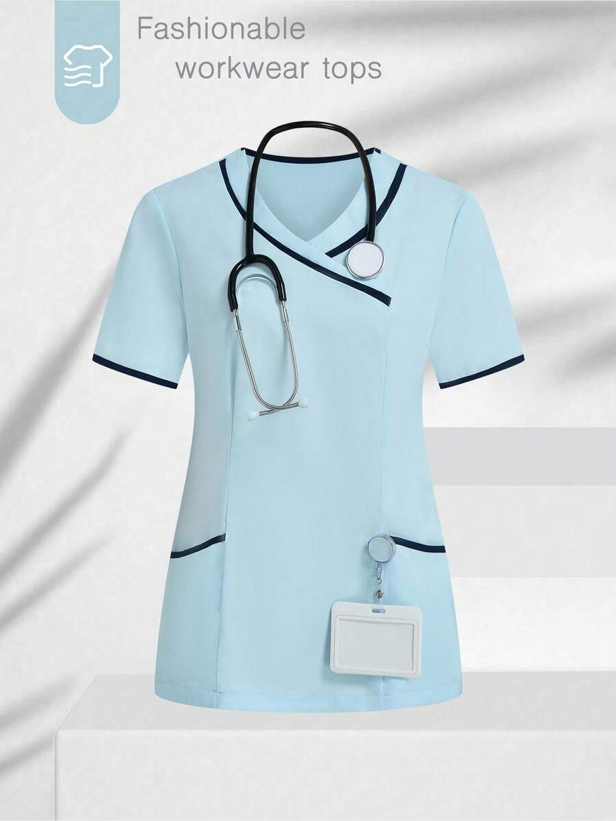 TaskEZ 女式 V 领口袋休闲短袖/护理手术服上衣，女士工作服，女士加大服装，两件套手术服，手术服套装，健身套装，女士手术服套装，护士手术服套装，女士职业装，女士套装 - 藍白色 - 查看 1