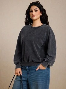 Elaquor 大码休闲简约百搭蕾丝拼接宽松水洗运动衫女士灰色运动衫蕾丝运动衫刺绣运动衫大码运动衫女士秋冬运动衫 - 黑色 - 查看 2