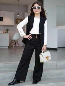 SHEIN 青少女3入組休閒無袖西裝外套，長袖上衣和長褲套裝