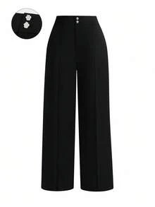 SHEIN PETITE Quần đi làm thường ngày cho nữ nhỏ nhắn có nút hoa bất đối xứng - màu đen - Xem 1