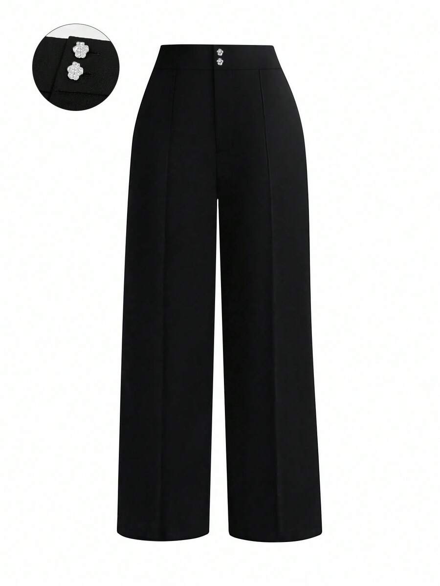 SHEIN PETITE Quần đi làm thường ngày cho nữ nhỏ nhắn có nút hoa bất đối xứng - màu đen - Xem 1