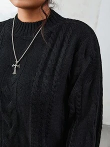 SHEIN EZwear 2 件套纯色圆领长袖休闲套头毛衣和裤子，加大码，秋冬两件套女士毛衣套装女士黑色针织套装粗针织毛衣套装 - 黑色 - 查看 9