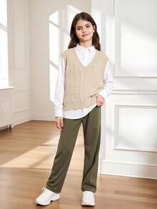 SHEIN Tween Girl Cable Knit V Neck Sweater Vest