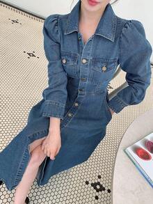 DAZY 女式长袖泡泡袖束腰优雅牛仔连衣裙