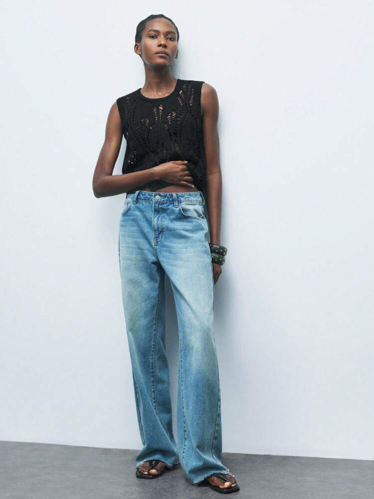 SHEIN Maija Women's Solid Color Sleeveless Hollow Out Knit Top, Bohemian Style For Beach, Island Resort, Music Festival, Country Style Outerwear, Party Wear