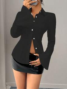 Chiquease 女士休闲优雅日常百搭黑色收腰喇叭袖白色条纹衬衫，秋冬女装 - 黑色 - 查看 3