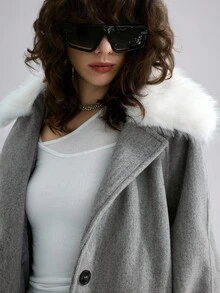 Airlisse Abrigo cruzado con cuello gris, mangas raglán y cintura con lazo, para otoño/invierno - Gris - Ver 5