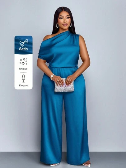SOLERSUN Plus Size Four Seasons Women's Clothing Fashion Commuting Solid Color Elegant Day Travel Loose Casual Simple Apricot Satin Fabric Off The Shoulder Asymmetrical Neckline Shoulder Pleats Short Sleeve Wide Leg Jumpsuit, Spring And Summer Vacation Jumpsuit Wide Leg Ice Silk Trousers