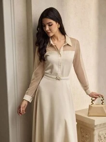 ZEYLAH 优雅女士波尔卡圆点网眼拼布长袖衬衫 - 杏色 - 查看 6