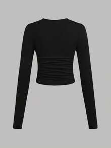SHEIN 3pcs/Set Tween Girl Fitted Casual Solid Color Handmade Ribbon Bow Crew Neck Ruched Long Sleeve T-Shirts,Cute School White Winter Fall Pink Black Tops - Multicolor - View 5