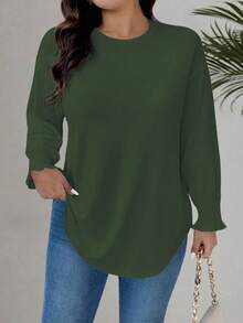 EMERY ROSE Plus Size Women Knitted Crew Neck Cable Sleeve Casual Shirt - Green - View 4
