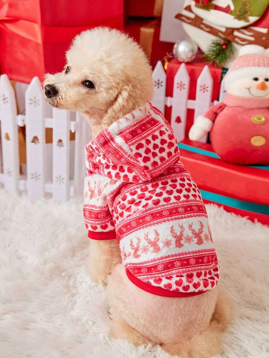 PETSIN 1 pieza Sudadera con capucha de franela con estampado de Papá Noel, copos de nieve y renos, Navidad - Multicolor - Ver 1