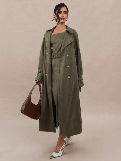 Modelyn 女式纯色翻领长袖双排扣休闲长款常规夹克，秋季