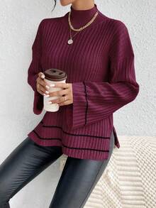 EMERY ROSE Suéter holgado de cuello alto, de manga larga y hombros caídos, de estilo informal para mujer, para otoño - Burdeos - Ver 3