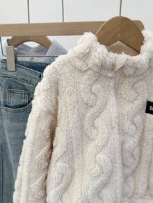 SHEIN 女童休闲半拉链立领抓绒卫衣，带贴布，纯杏色，秋冬季，返校季抓绒套头衫，秋冬款 - 杏色 - 查看 7