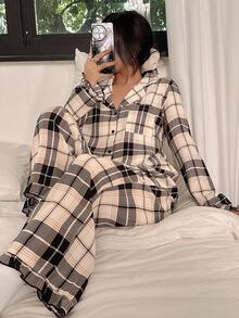Napfluff 女士休闲格子印花荷叶边长袖睡衣套装，舒适优雅细节，秋冬服装 - 彩色 - 查看 5