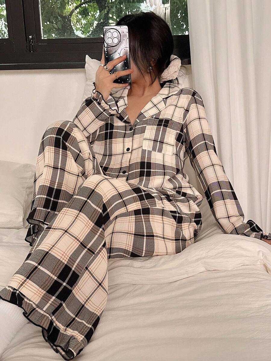 Napfluff Women's Casual Plaid Print Ruffle Trim Long Sleeve Pajama Set Cozy And Elegant Details, Fall Winter Clothes - Multicolor - View 1