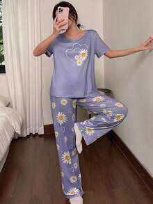 SHEIN Set de pijama de 2 piezas con estampado de corazón y margarita de manga corta para mujer, conjunto de pijama con margarita, ropa de dormir linda, conjunto de pijama lindo