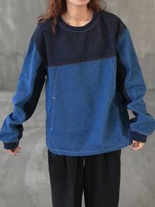 FRIFUL Áo denim dáng rộng cổ tròn tay dài trễ vai màu tương phản dành cho nữ - Màu xanh lam - Xem 4