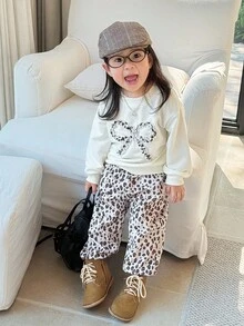 DAZY 2 件套女婴圆领蝴蝶结装饰韩版卫衣和豹纹印花套装秋冬 - 杏色 - 查看 5