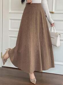 DAZY 女士优雅纯色A字型毛衣半裙，秋冬女装半裙 - 棕色 - 查看 5