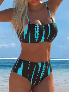Swim Vcay 2pcs/Set Women's Summer Zebra Print Bandeau Bikini Set - Multicolor - View 4