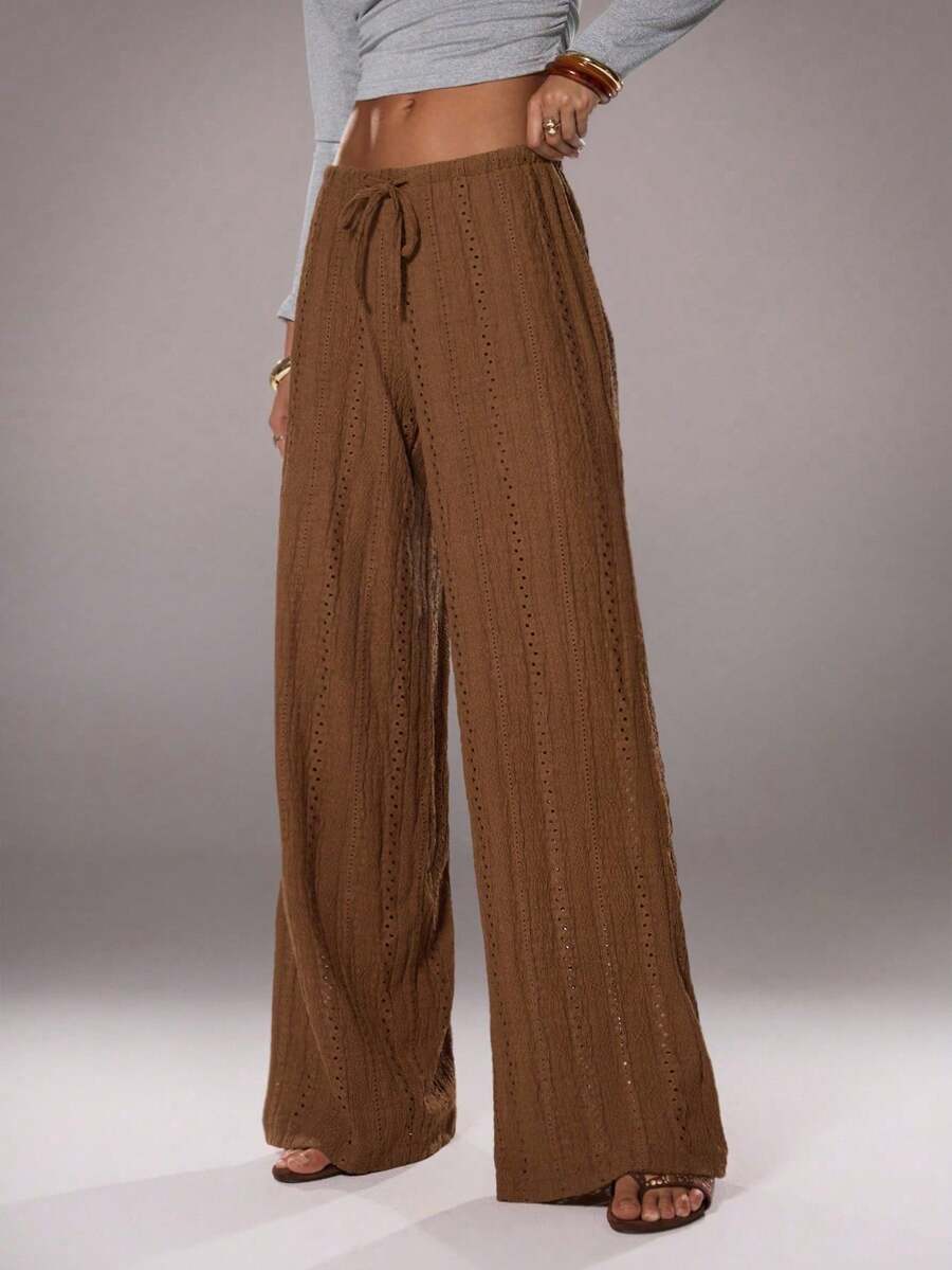 SHEIN Unity 1pc Women's Brown Low-Waist Drawstring Pants,Hollow Knit Jacquard Design Fabric,Loose Wide-Leg Comfortable Casual Autumn,Boho,Vacation,Holiday Pants - Coffee Brown - View 1