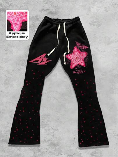 Grunge Punk Pantaloni casual a zampa con vita con coulisse, ricamo a pentagramma e stampa di lettere per uomo