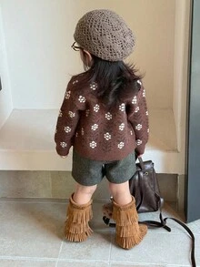 DAZY Cardigan Longgar Gaya Korea Motif Bunga Blok Warna untuk Balita Perempuan, Musim Gugur/Dingin - Coffee Brown - View 2