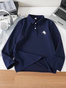 SHEIN 青少年男孩长袖 Polo 衫，海军蓝，撞色字母印花，休闲，舒适，百搭，面料柔软，适合日常穿着、上学、郊游、户外活动、正式场合、派对、秋冬、返校 - 藍色 - 查看 2