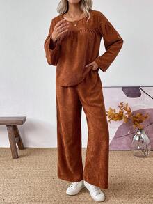 SHEIN LUNE 女士褶皱宽松纯色长袖上衣T恤和直筒灯芯绒裤，适合日常生活、聚会、通勤、秋冬季 - 棕色 - 查看 5