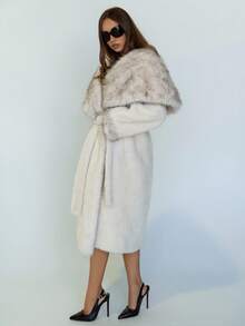 SHEIN ICON 秋冬女士仿毛领长袖时尚长款外套 - 米色 - 查看 5