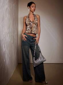 SHEIN BAE Women Halter Neck Backless Sequined Tiger Print Tank Top,Suitable For Parties Holiday,New Years Eve,Christmas Party Women Top - Brown - View 3