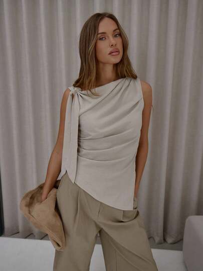 MUSERA Shoulder Tie Ruched Asymmetric Hem Boat Neck Top Cute Classy Sexy Streetwear Fall Autumn Night Out Winter Christmas Party Christmas,Elegant