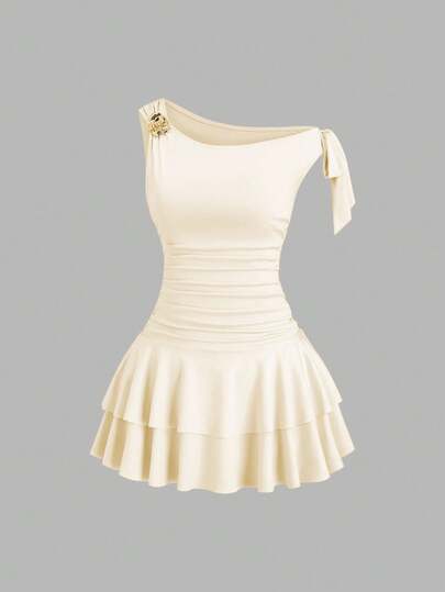 Sweetra Women's Solid Color Metal Flower Decor Ruffle Hem Fashionable Dress