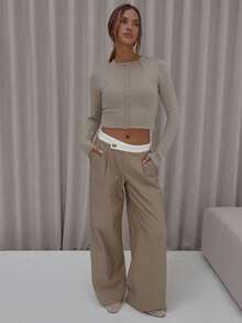 MUSERA 不对称撞色腰带褶裥阔腿西装裤，优雅可爱性感街头风，适合夜间外出和春季穿着。 - 卡其色 - 查看 5