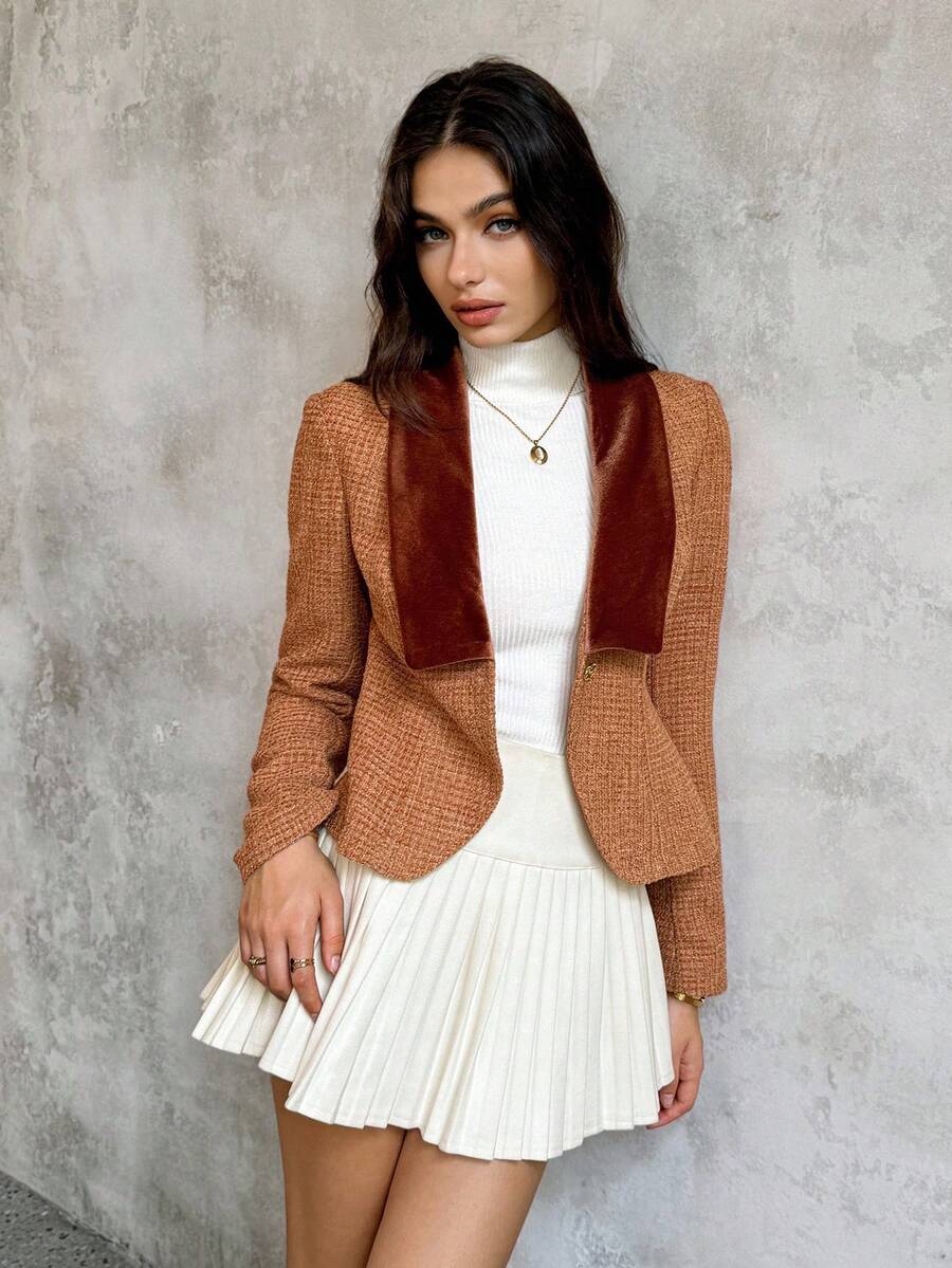 SHEIN Unity Women's Retro Corduroy Collar Jacket, Autumn/Winter - Khaki - View 1